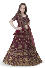 Thumbnail for Dwiden Maroon Lehriyu Tafetta Sattin Semi-Stitched Girl's Lehenga Choli - Distacart