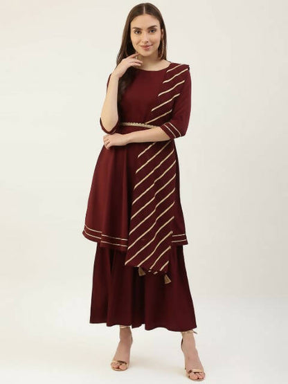 FIORRA Women's Maroon Poly Crepe Flared Kurta Pant With Dupatta - Distacart