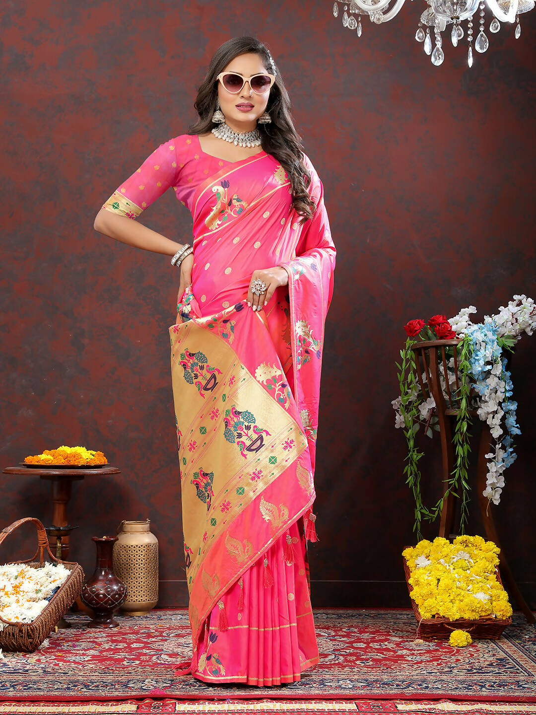 Lorenvalley Fashion Pink Soft Paithani Silk Woven Design Gold Zari Meenakari Weaving Saree - Distacart