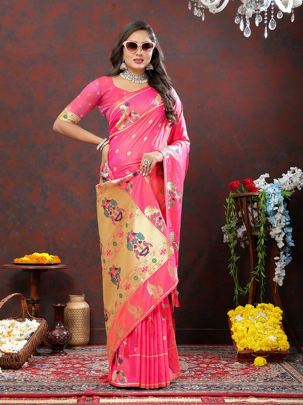 Lorenvalley Fashion Pink Soft Paithani Silk Woven Design Gold Zari Meenakari Weaving Saree - Distacart