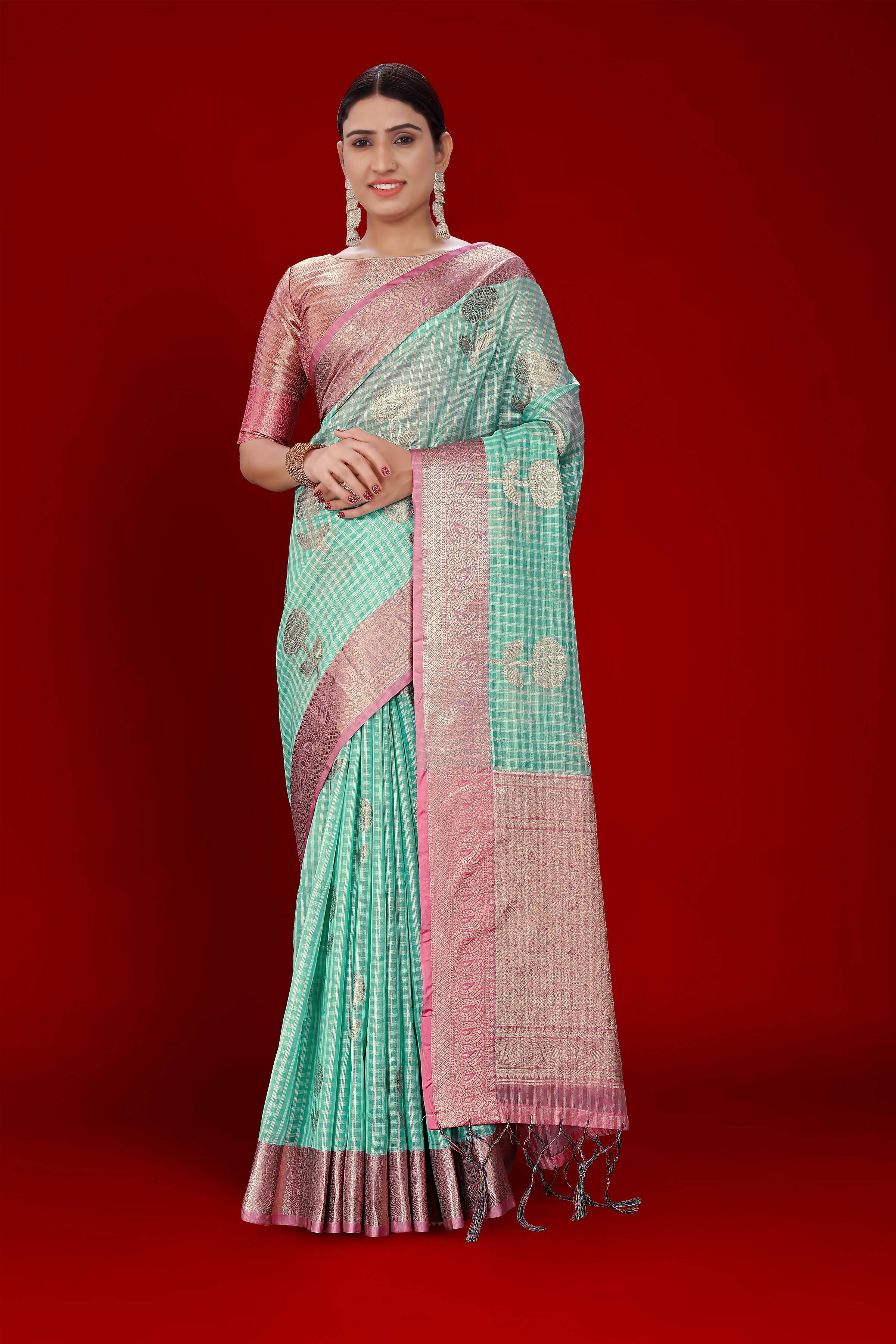 Sky Blue Soft Organza Woven Design Saree With Unstitched Blouse Piece - Zaara - Distacart