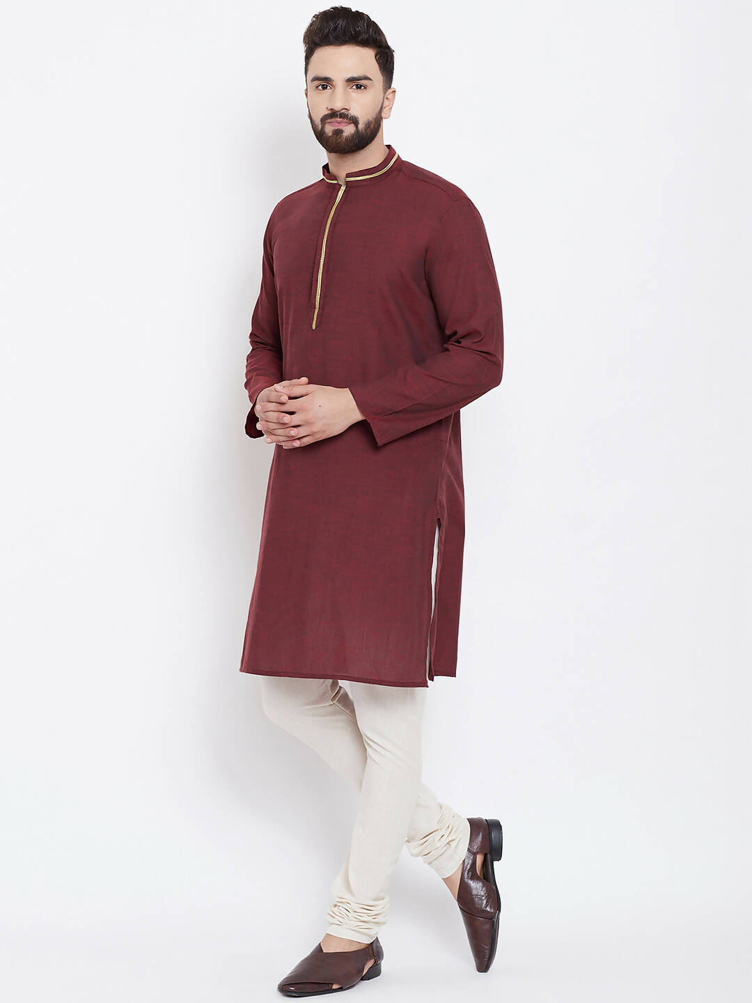 Even Apparels Maroon Pure Cotton Men's Kurta With Band Collar - Distacart