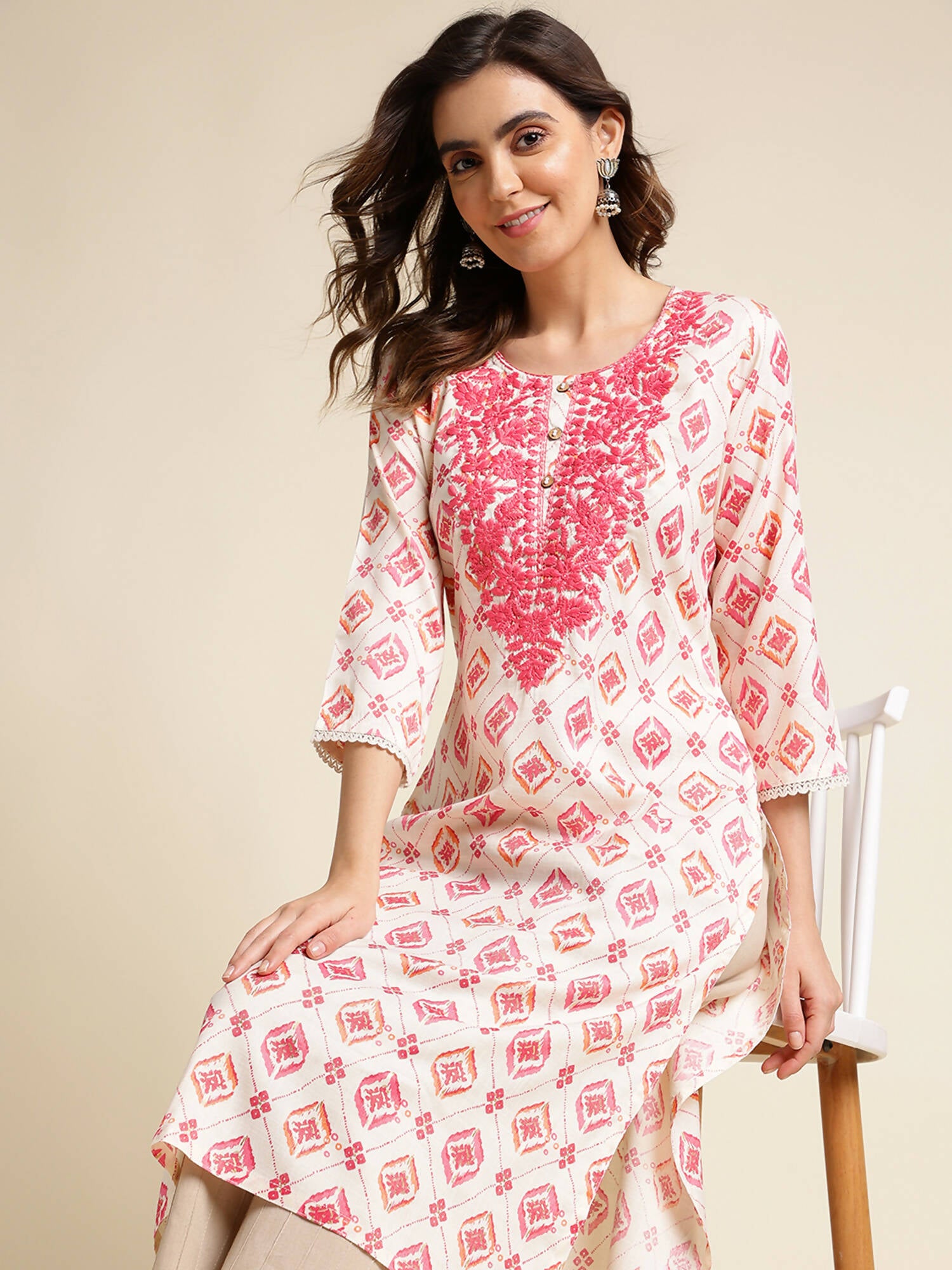 Pink Poly Rayon Aztec Printed Straight Fit Kurta - Prasuti - Distacart