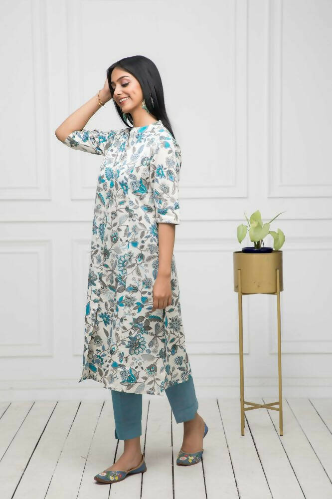 Myshka Women Multi Floral Cotton A-Line Mandarin Collar Kurtas - Distacart