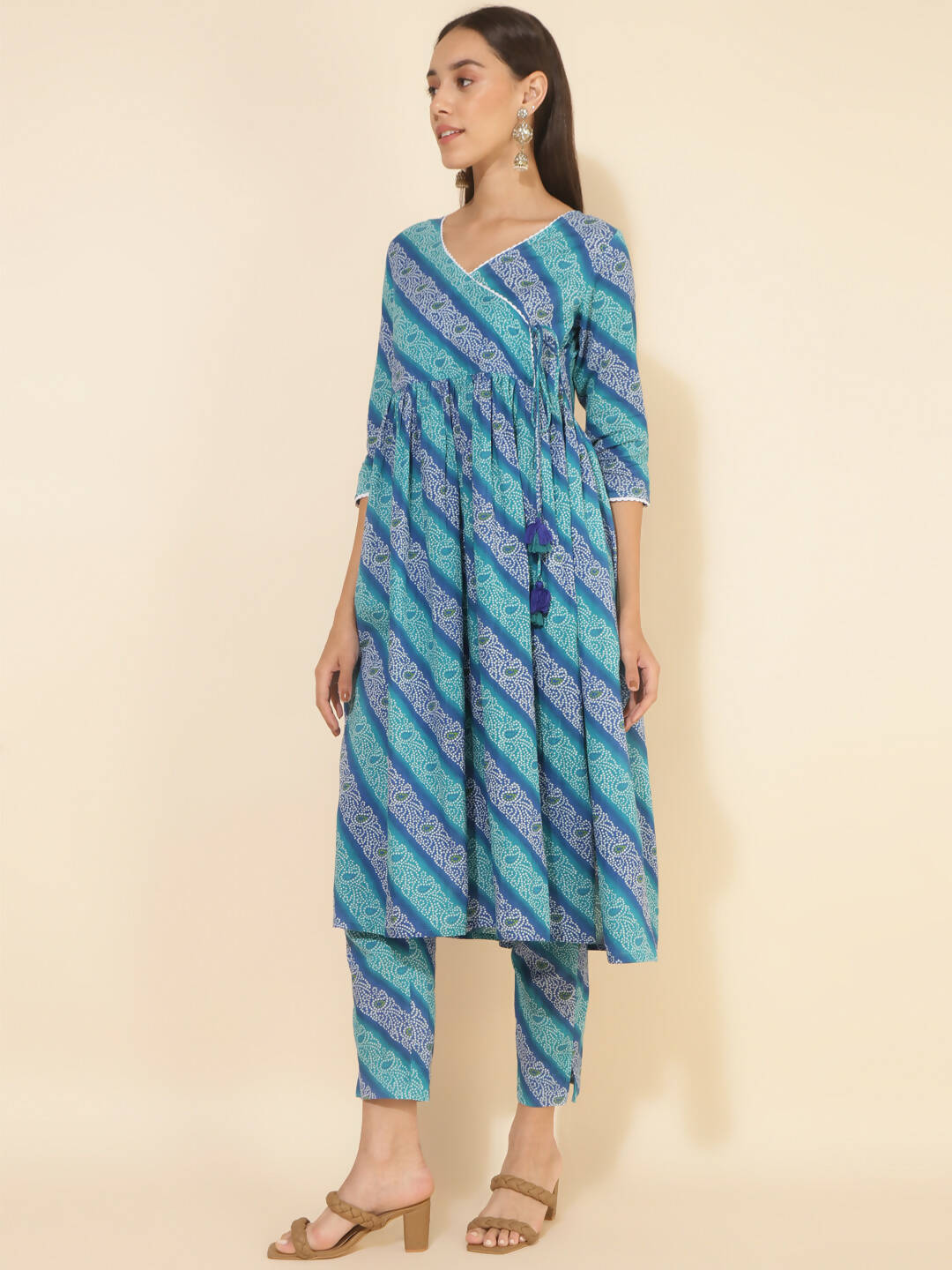 Janasya Women's Blue Cotton Bandhani Printed Casual Angrakha Co-ords - Distacart