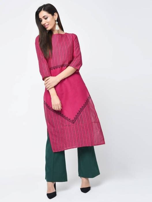 Aniyah Cotton Block Printed Latest Pink Straight Kurta (AN-135K)