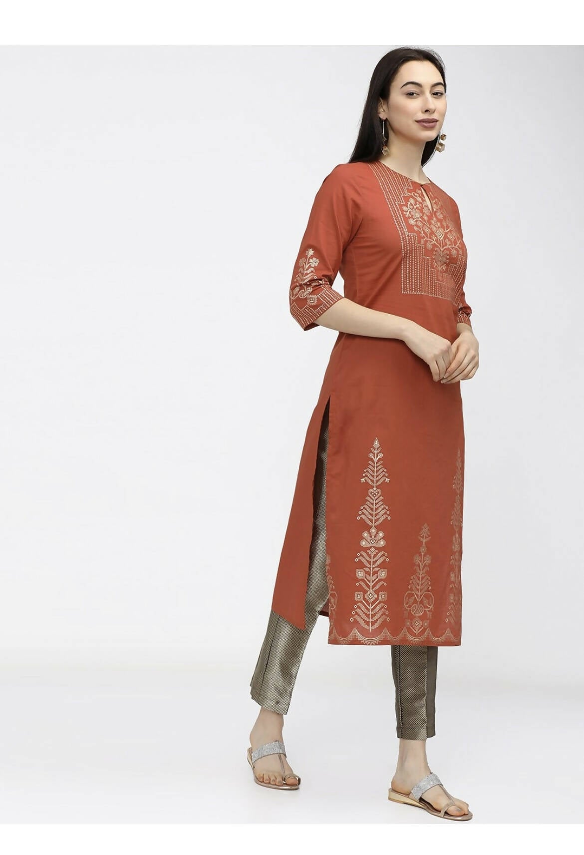 Cheera Embellished Daily Wear Cotton Blend Kurta - Brown - Distacart