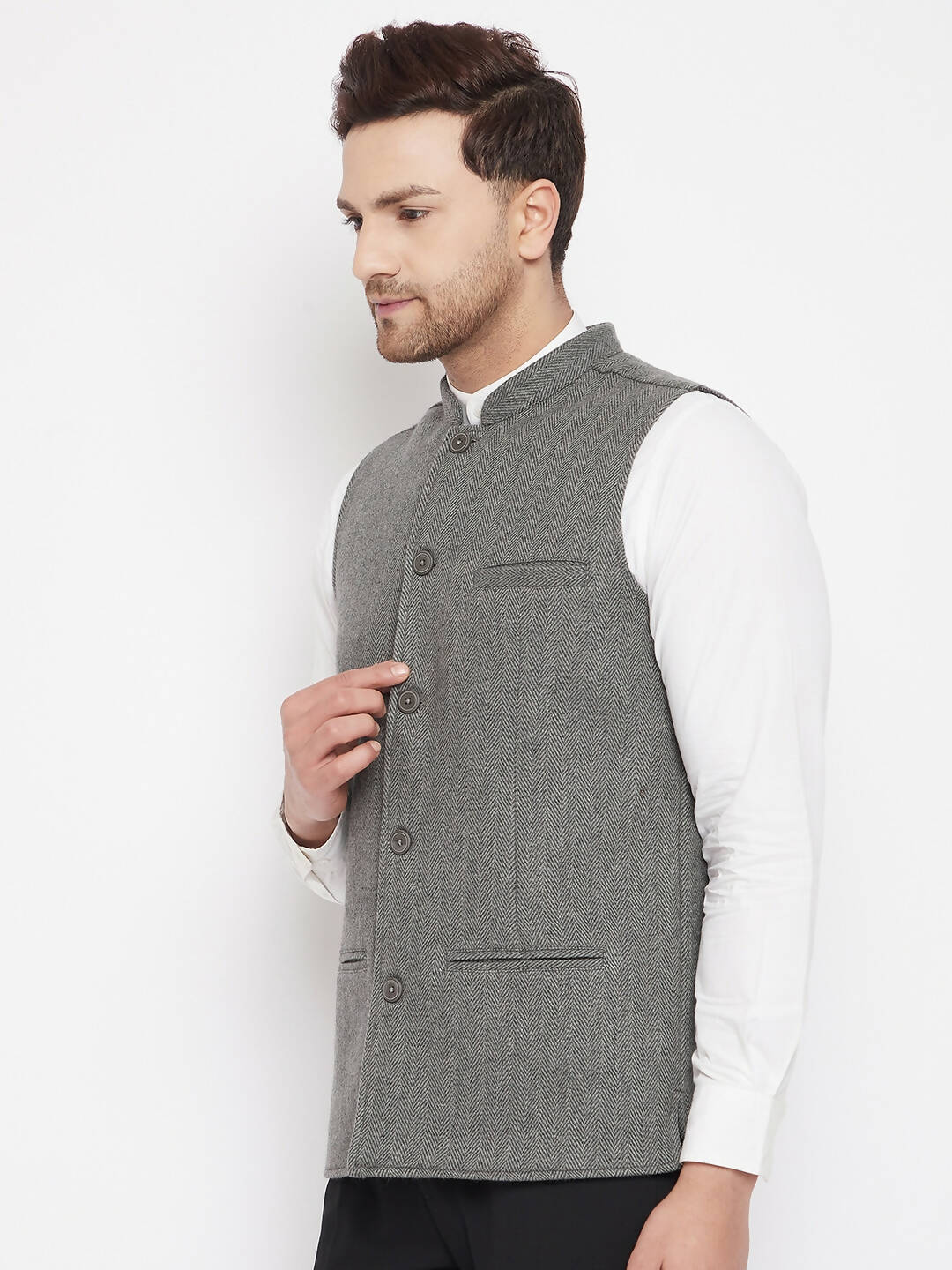 Even Apparels Grey Wool Men Woven Nehru Jacket - Distacart