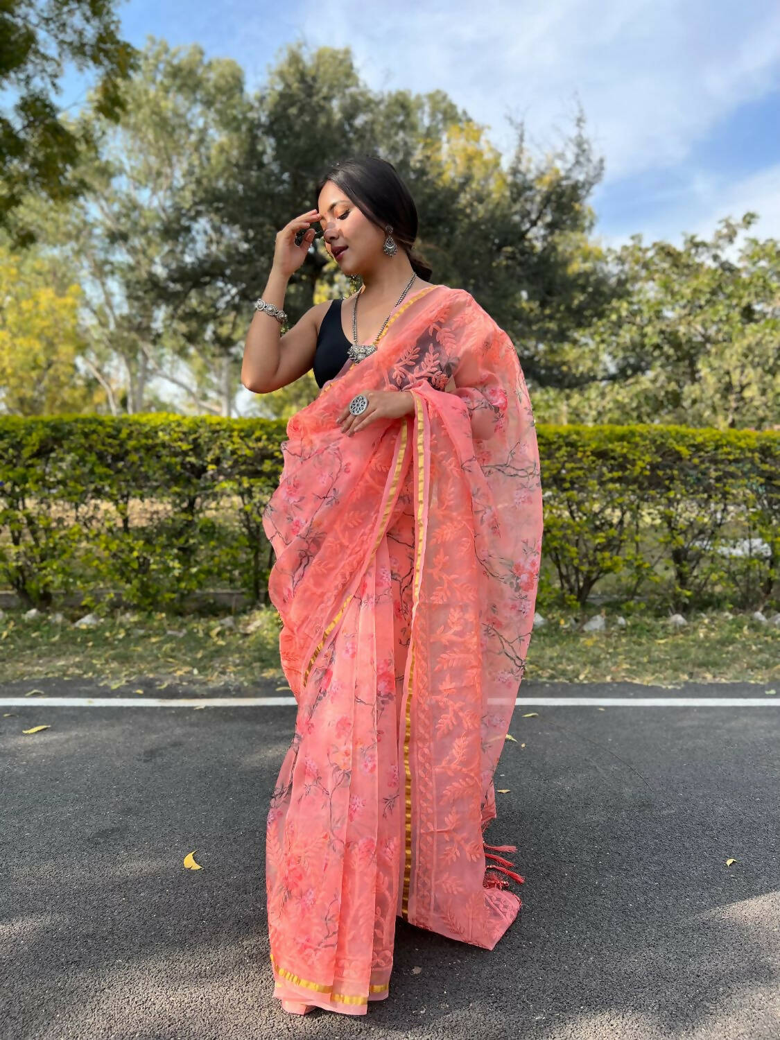 Vamsee Peach Organza Saree - Distacart