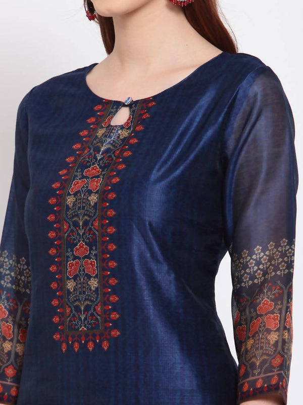 Myshka Women's Navy Blue Printed Chanderi Silk 3/4 Sleeve Round Neck Casual Kurta