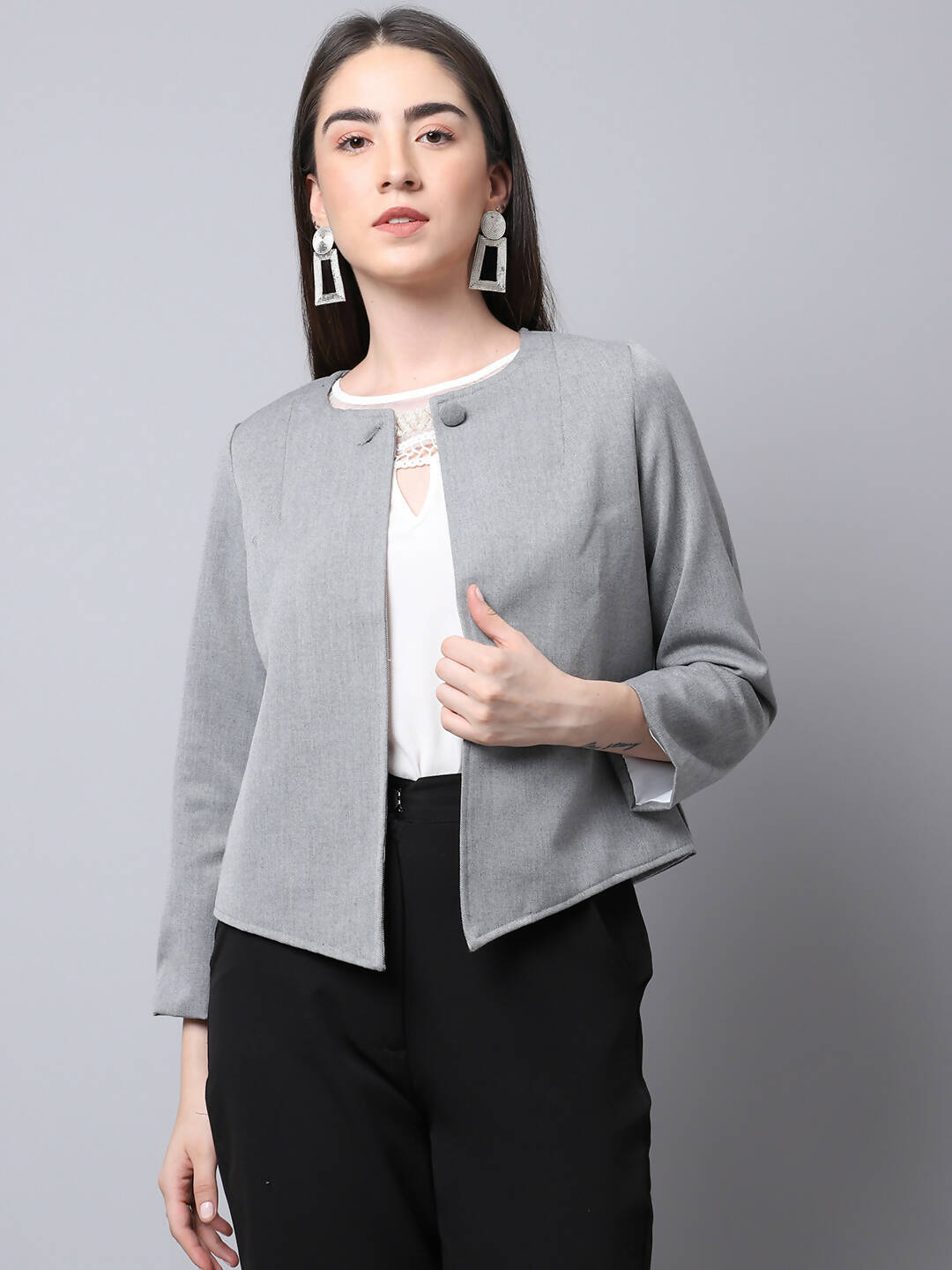 Even Apparels Grey Polywool Open Front Statement Women's Jacket - Distacart