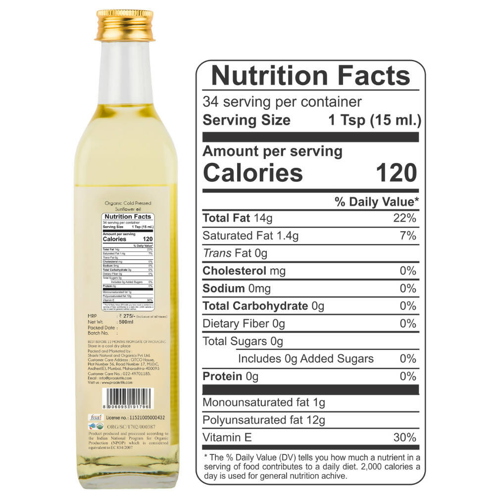 Praakritik Organic Cold Pressed Sunflower Oil - Distacart
