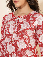 Thumbnail for Janasya Women's Red Cotton Cambric Floral Printed Casual Straight Top Set - Distacart