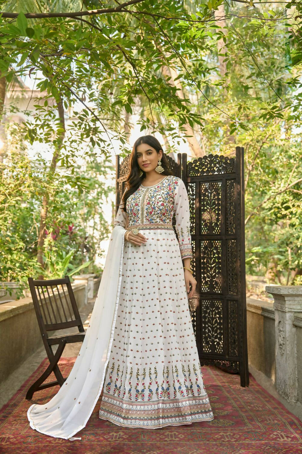 White Heavy Faux Georgette Anarkali Embroidered Kurta Set - Dhvani - Distacart