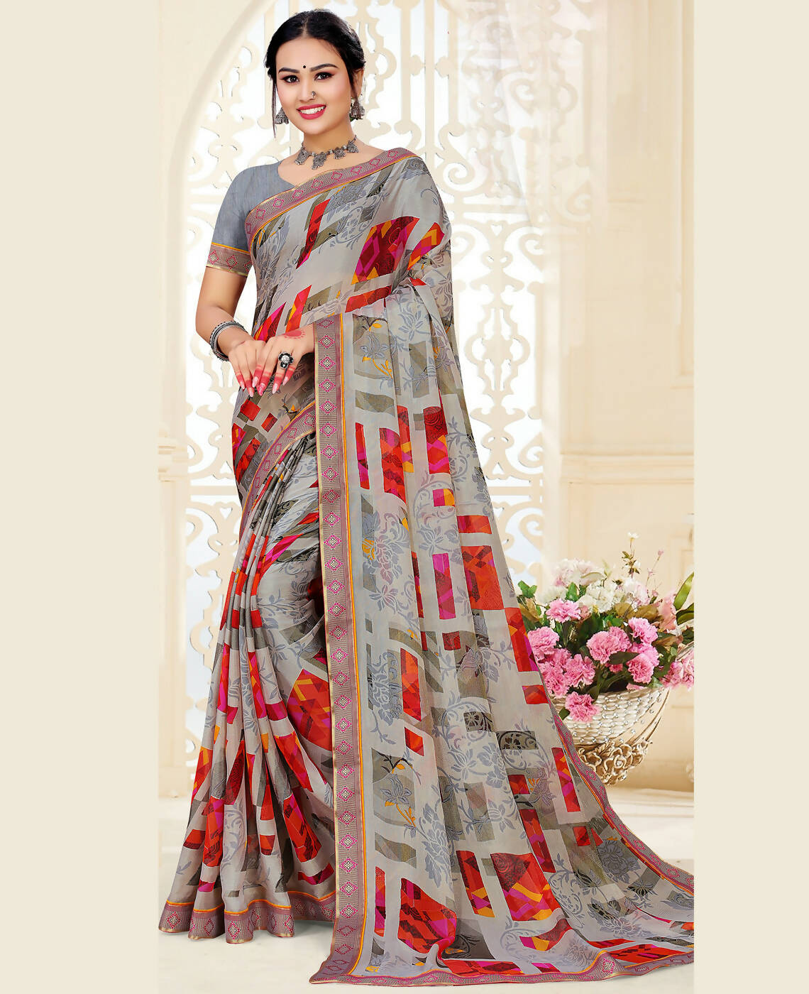 Grey Chiffon Brasso Printed Saree With Unstitched Blouse Piece - Jyoti - Distacart