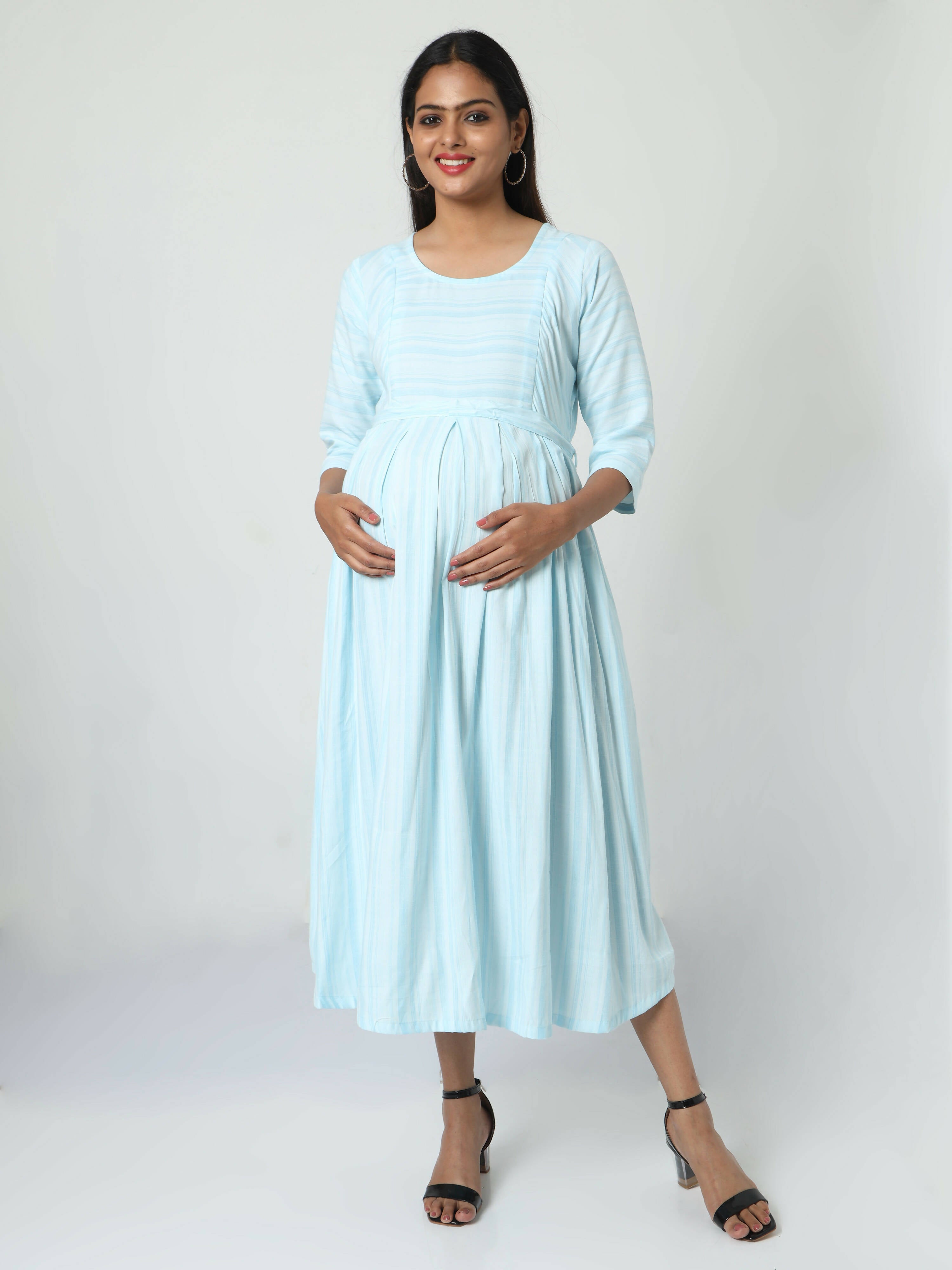 Manet Three Fourth Maternity Dress Striped With Concealed Zipper Nursing Access - Light Blue - Distacart