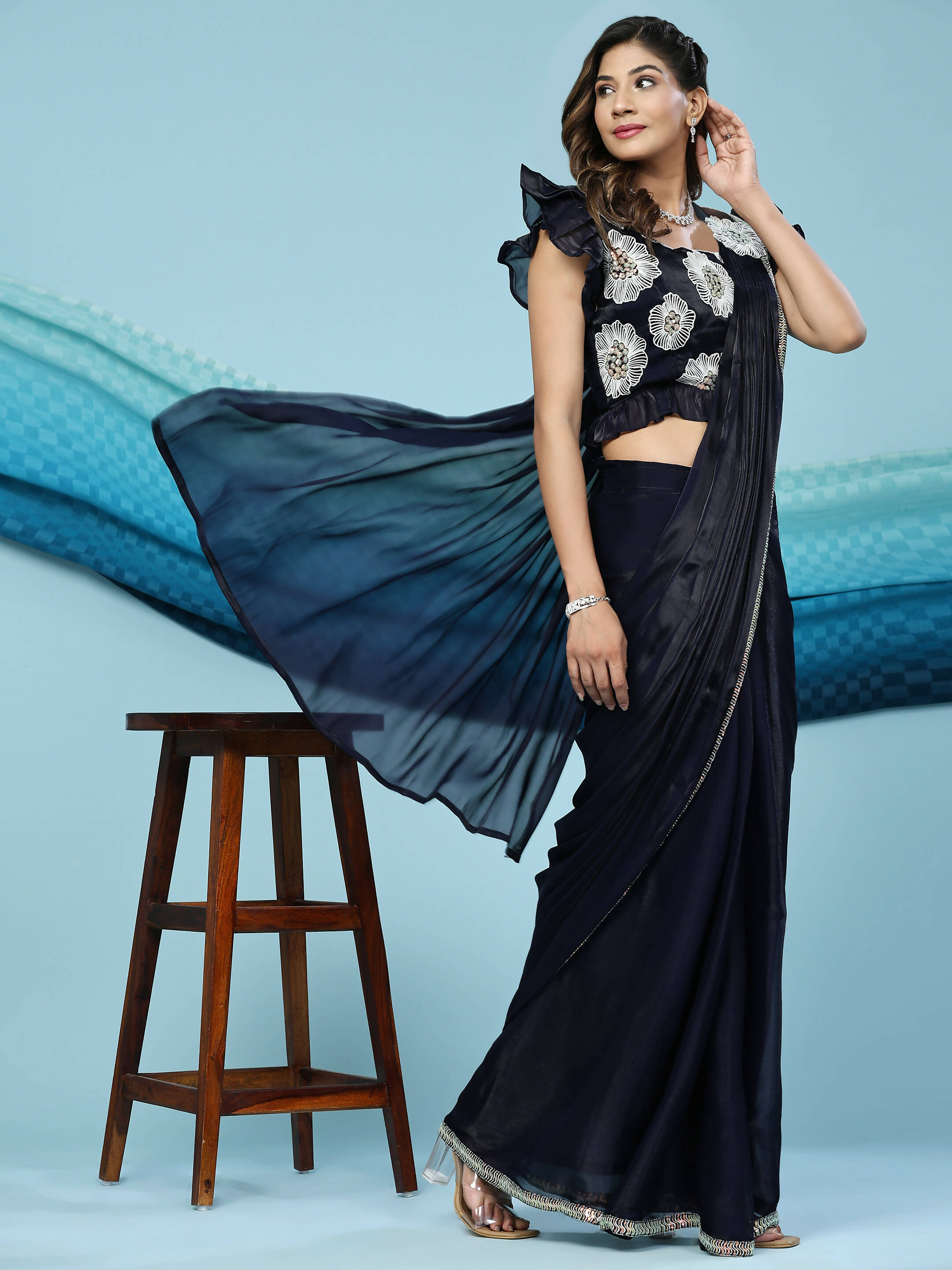 Black Silk Satin Sequence Work Ready to Wear Saree with stitched Blouse - Nirvana - Distacart