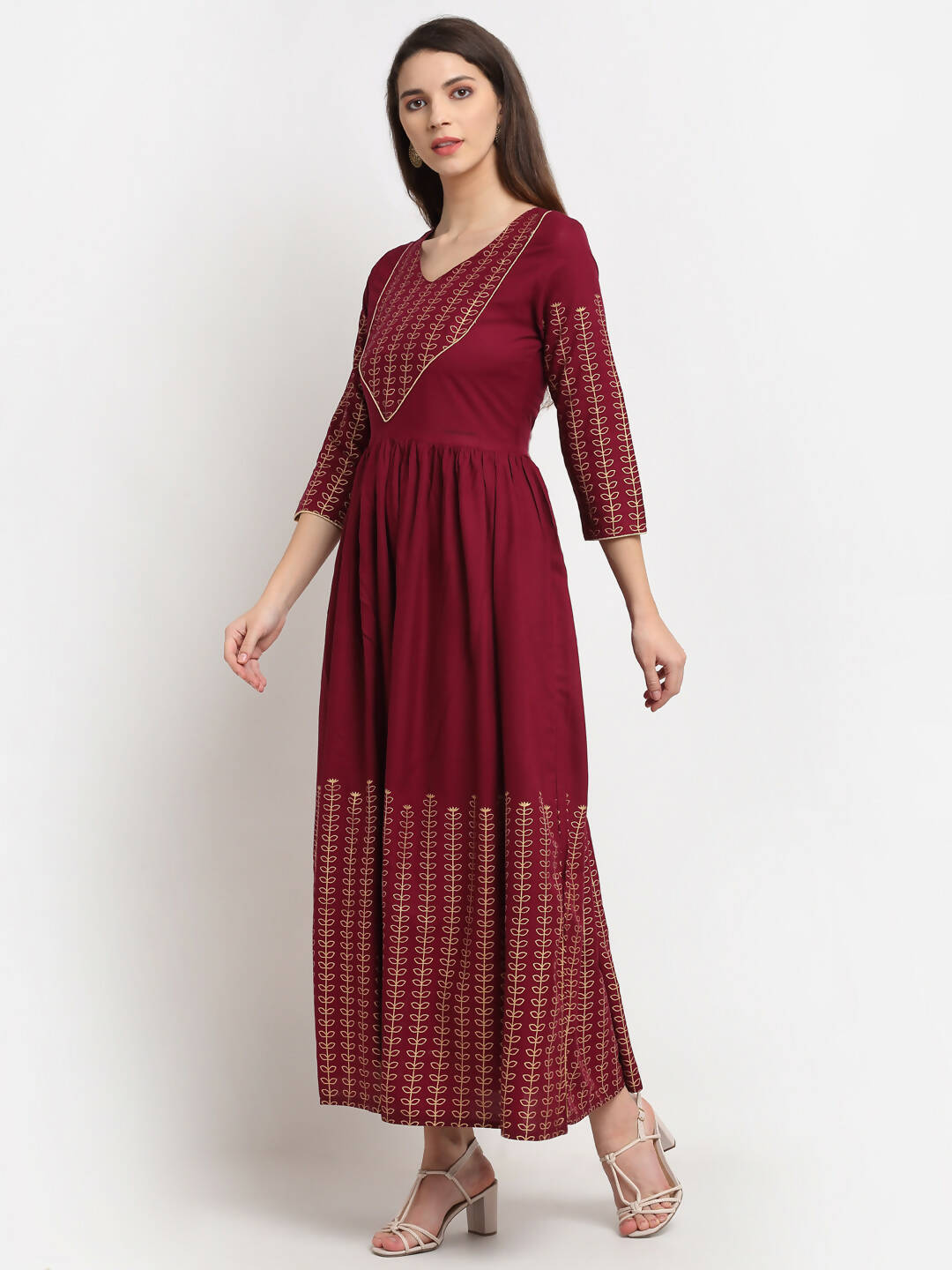 Rudra bazaar Gold Printed A-line flared Maroon Kurti - Distacart