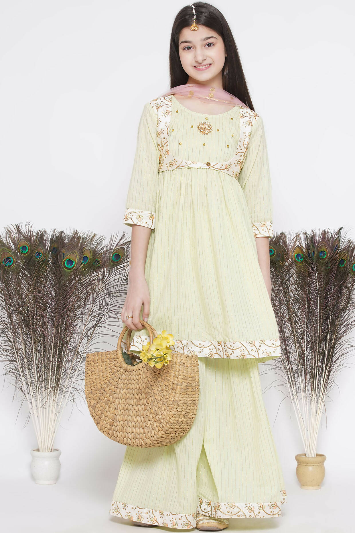 Little Bansi Floral Embroidery Jacket With Cotton Lurex Frock Sharara And Dupatta With Ghungroo Handwork - Bottle Green - Distacart