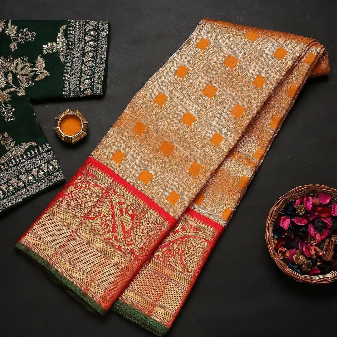 DEIANA'S Beautiful Golden Jari with New Design Soft Lichi Silk Saree - Orange - Distacart