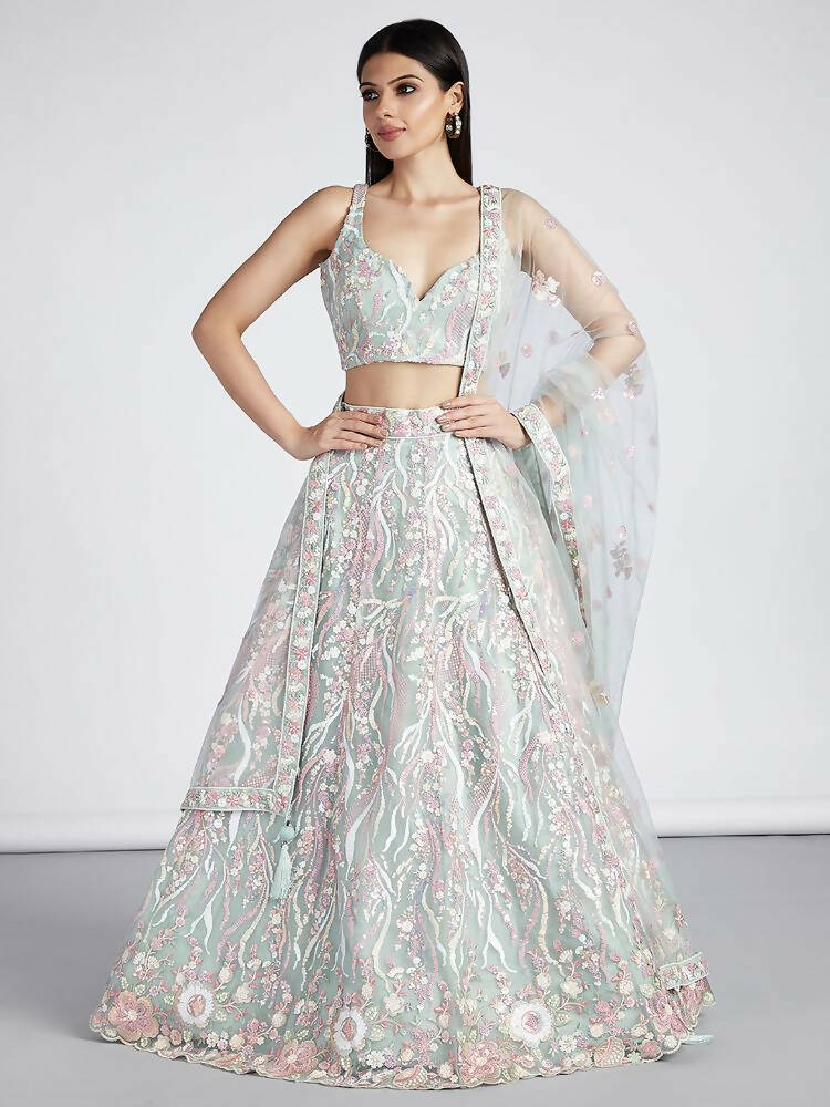 House of Panchhi Lime Green Net Sequins And Thread Embroidery Lehenga Choli & Dupatta - Distacart