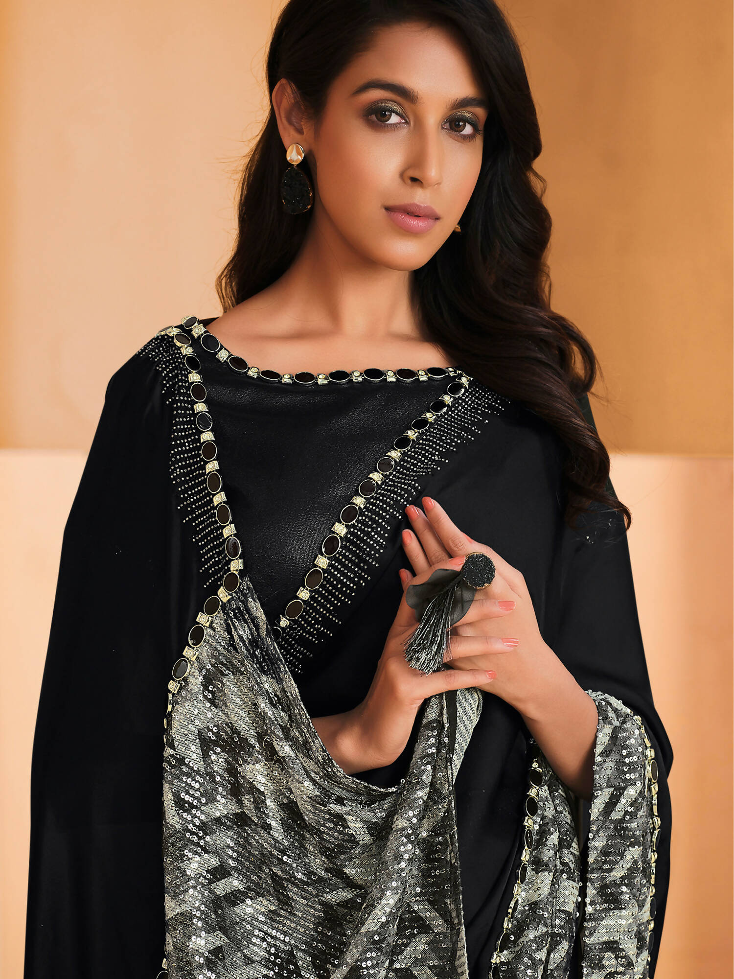 Black Satin Crepe Silk Sequence Embroidered Saree With Unstitched Blouse - Mohmanthan Yavanika - Distacart