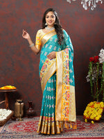 Thumbnail for Lorenvalley Fashion Teal Organza Silk Woven Design with Meenakari Weaving Saree - Distacart