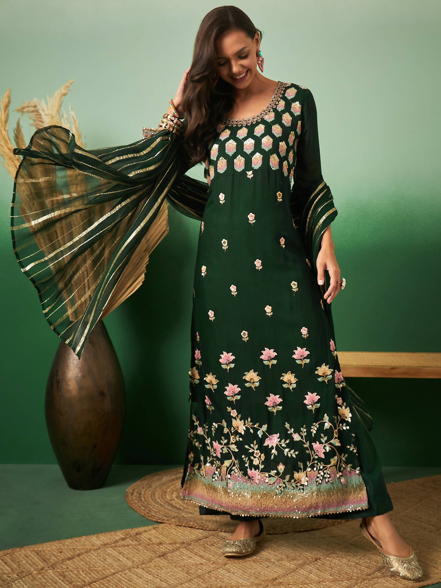 Green Georgette Handwork Unstitched Dress Material - Hanika - Distacart