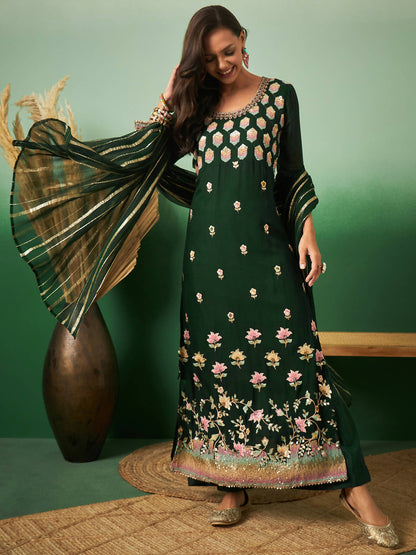 Green Georgette Handwork Unstitched Dress Material - Hanika - Distacart