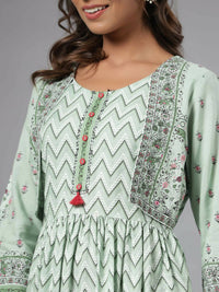Thumbnail for Juniper Women Sage Green Rayon Printed Jacket Style Midi Dress - Distacart