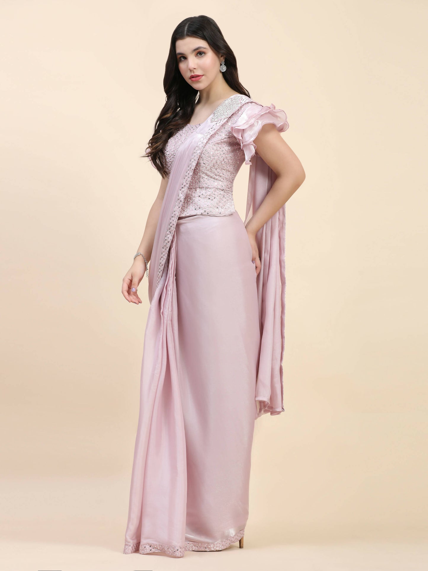 Light Pink Silk Satin Sequence Work Ready to Wear Saree with stitched Blouse - Nirvana - Distacart