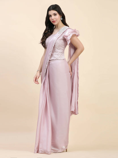 Light Pink Silk Satin Sequence Work Ready to Wear Saree with stitched Blouse - Nirvana - Distacart