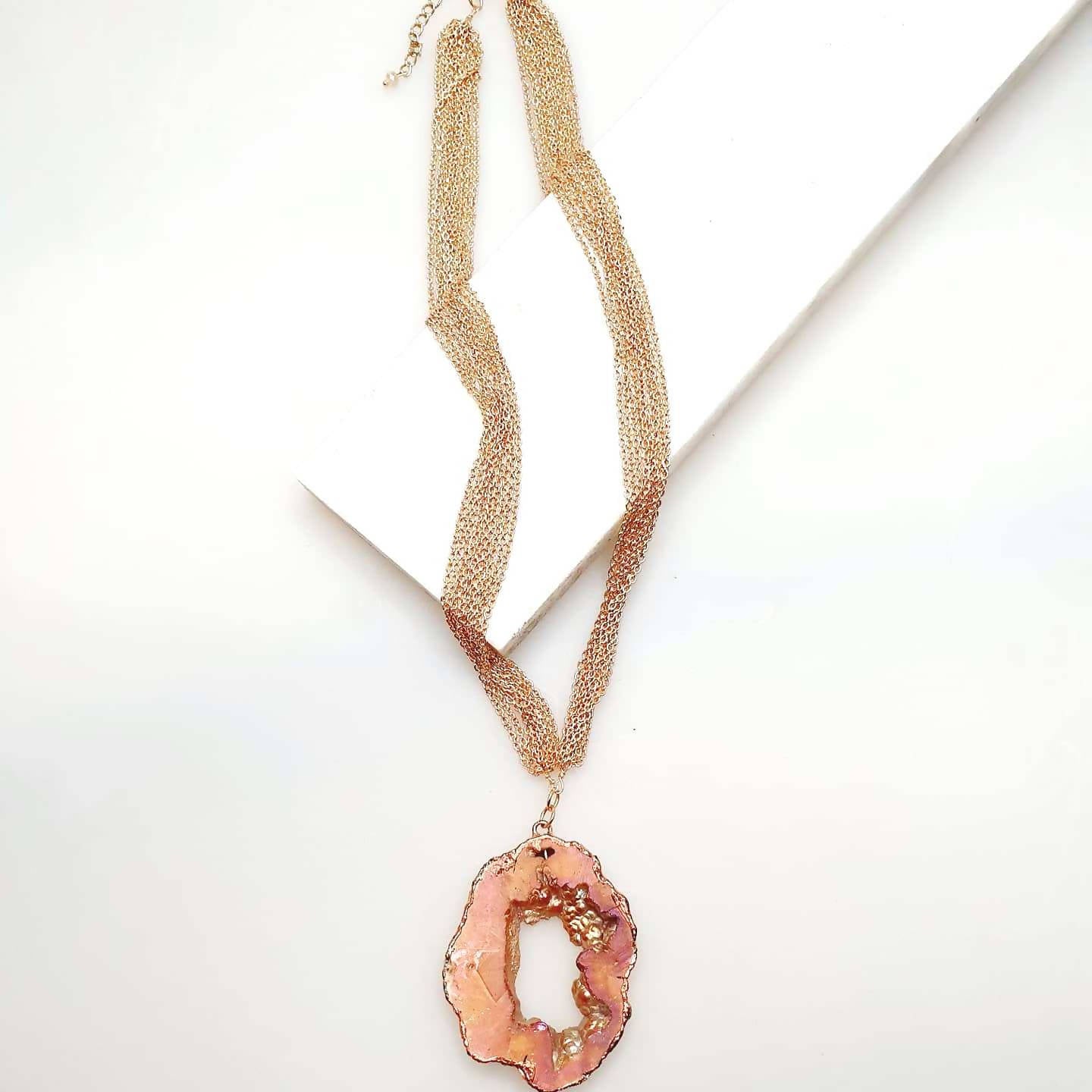 Bling Accessories Rose Gold Agate Natural Stone With Fine Rose Gold Brass Metal Chain Cluster 10 Rows Necklace