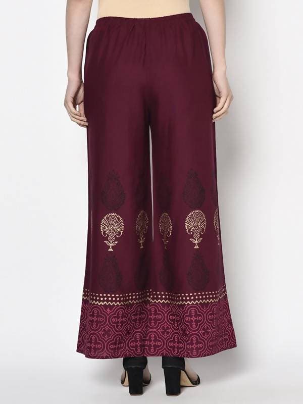 Aniyah Rayon Wine Color Block Print Flared Slip-On Palazzo (AN-173K)