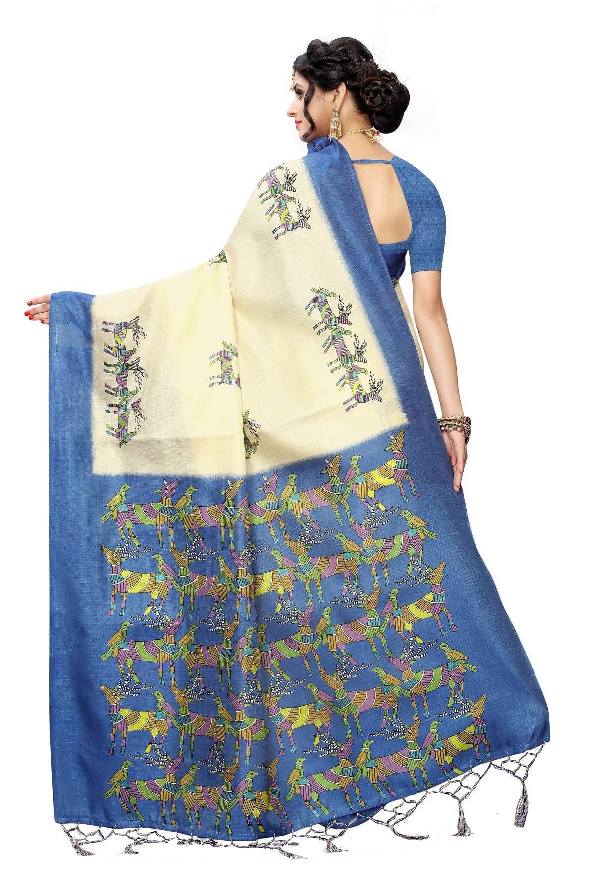 Vamika Multicolor & Blue Kalamkari With Jhalar Khadi Silk Saree