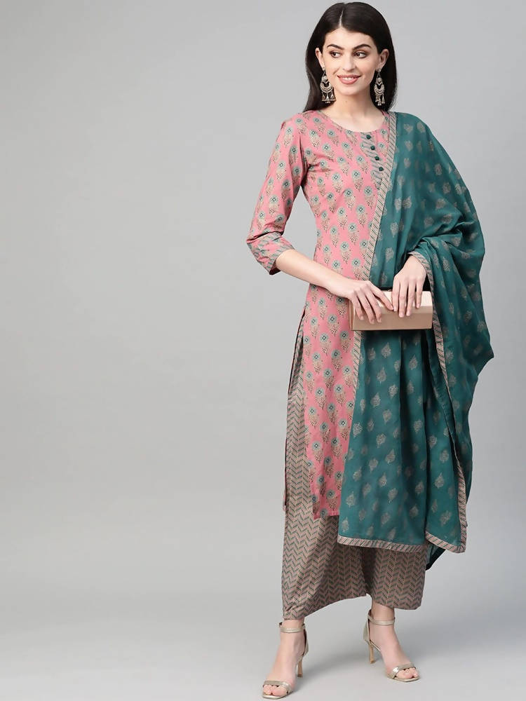 Yufta Women Pink & Blue Printed Kurta with Palazzo & Dupatta
