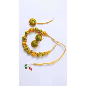 Green and Gold Silk Threaded Necklace Set with Earrings and Maang Tika - Distacart
