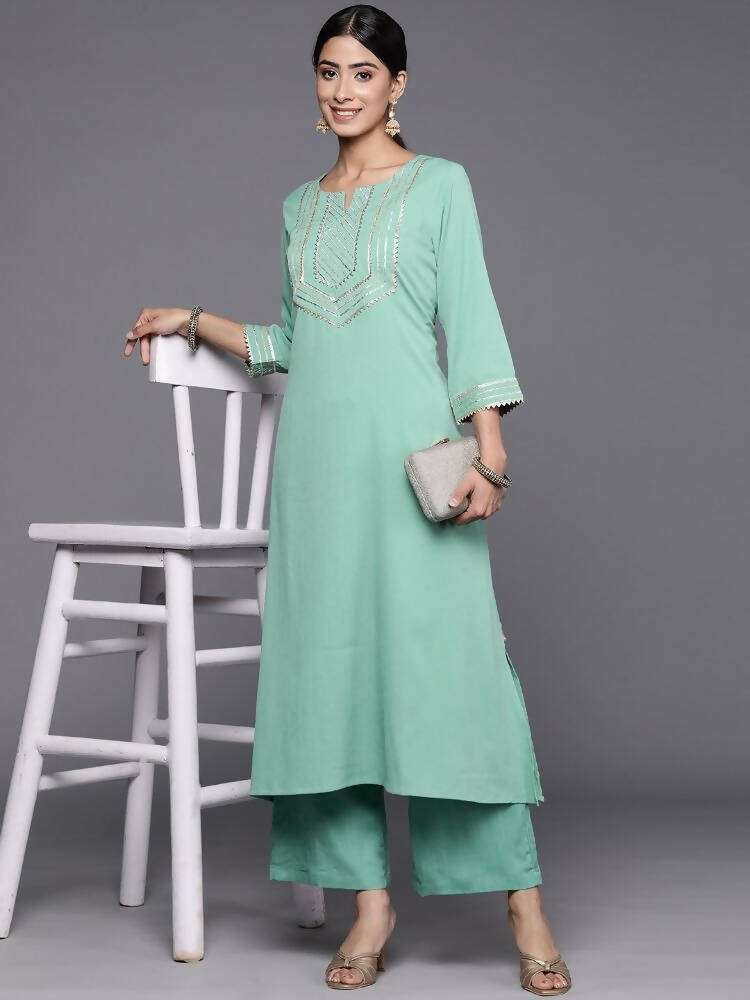 Varanga Women Sea Green Gota Embellished Straight Kurta With Three Quarter Sleeves - Distacart