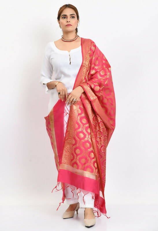 Mominos Fashion Moeza Women's Banarsi Silk All Over Woven Design Pink Dupatta - Distacart