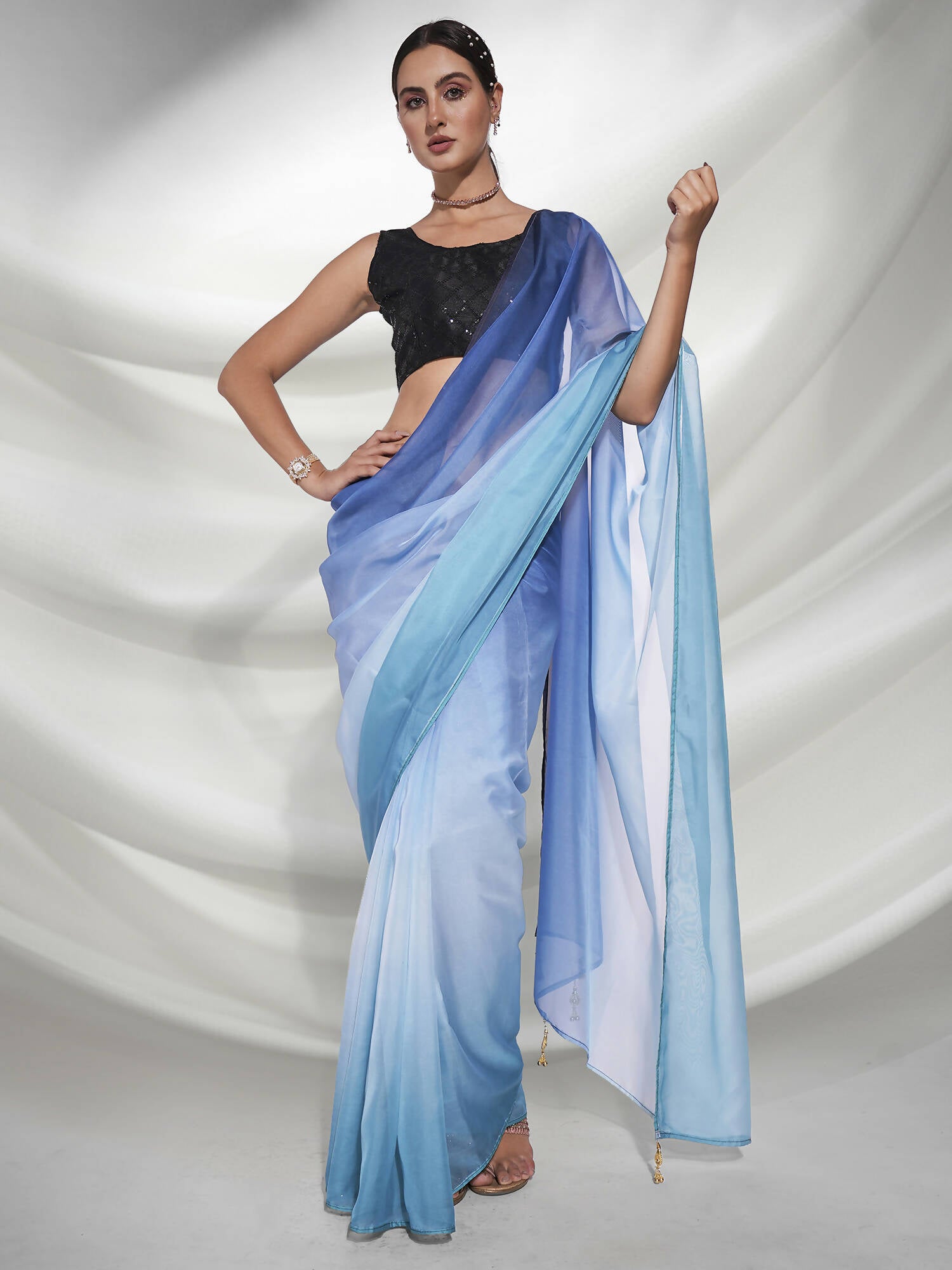 Blue Organza Solid Saree With Unstitched Blouse Piece - Shanaya - Distacart