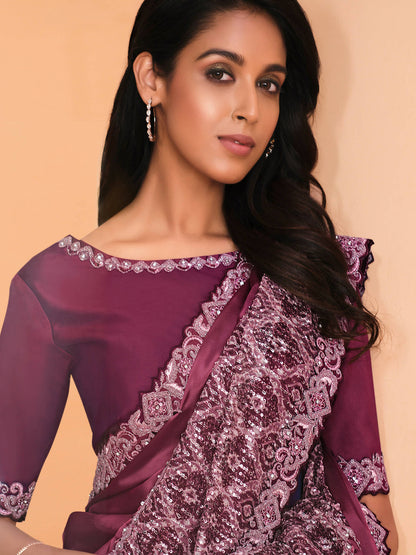 Maroon Satin Crepe Silk Sequence Embroidered Saree With Unstitched Blouse - Mohmanthan Yavanika - Distacart