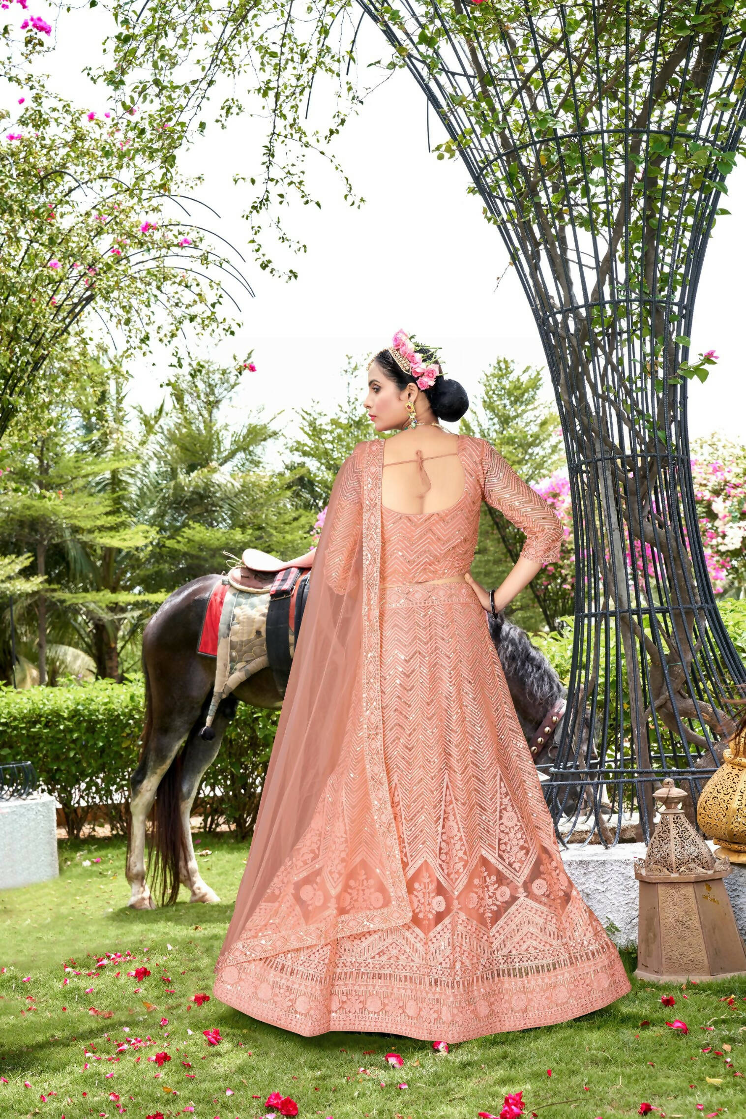 Peach Net Embroidered Semi Stitched Lehenga Choli with Dupatta - Bhagya - Distacart