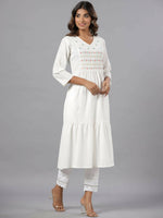 Thumbnail for Juniper Women White Seer Sucker Embroidered High Slit Kurta - Distacart