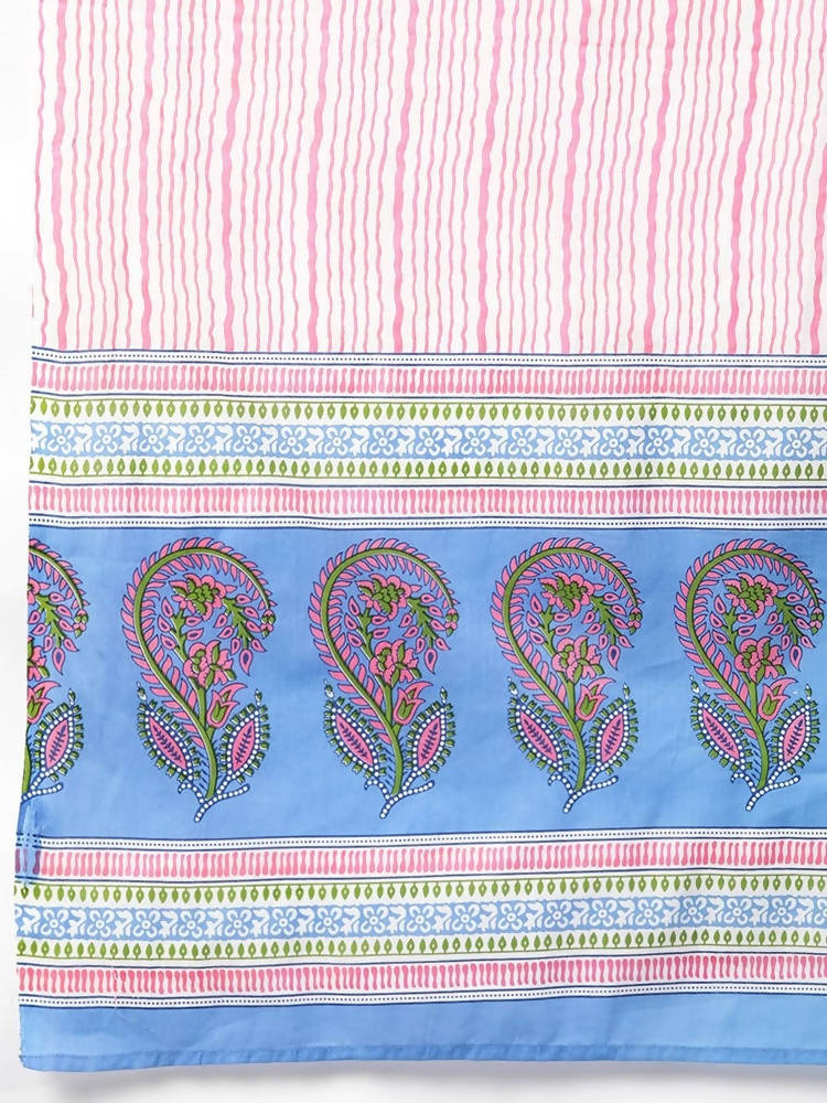 Yufta Women Blue & Pink Handblock Printed Pure Cotton Kurta with Trouser & Dupatta