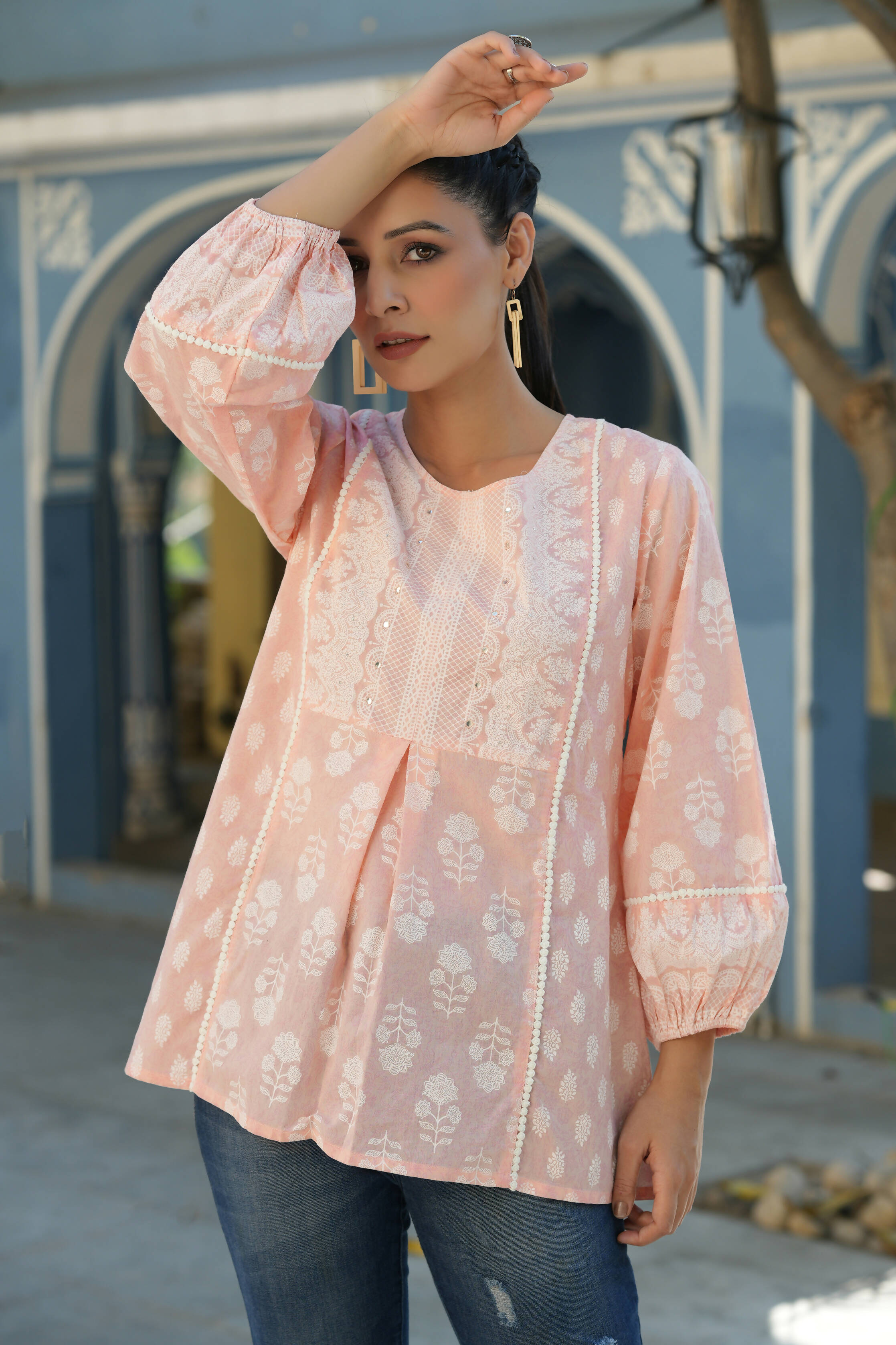 Juniper Women's Peach Cambric Placement Floral Printed Tunic - Distacart