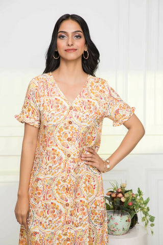 Myshka Women Multi-Abstract Rayon A-Line V-Neck Dress - Distacart