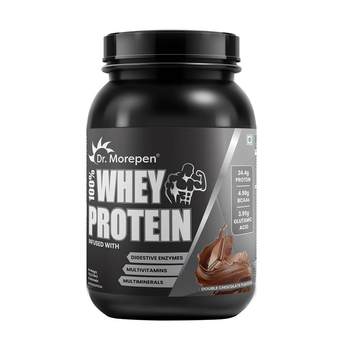 Dr. Morepen 100% Whey Protein infused with Digestive Enzymes, Multivitamins, & Multiminerals in Double Chocolate Flavour - Distacart