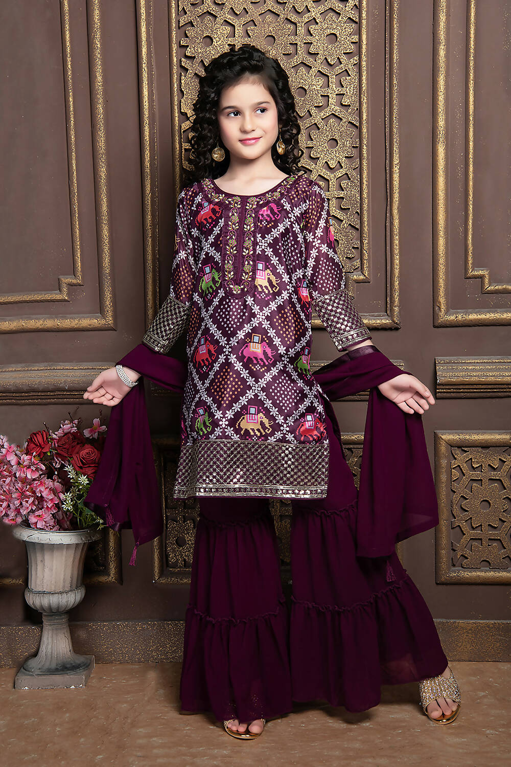 Kids Functional Designer Wine Georgette Sharara Suit - Aaradhna - Distacart