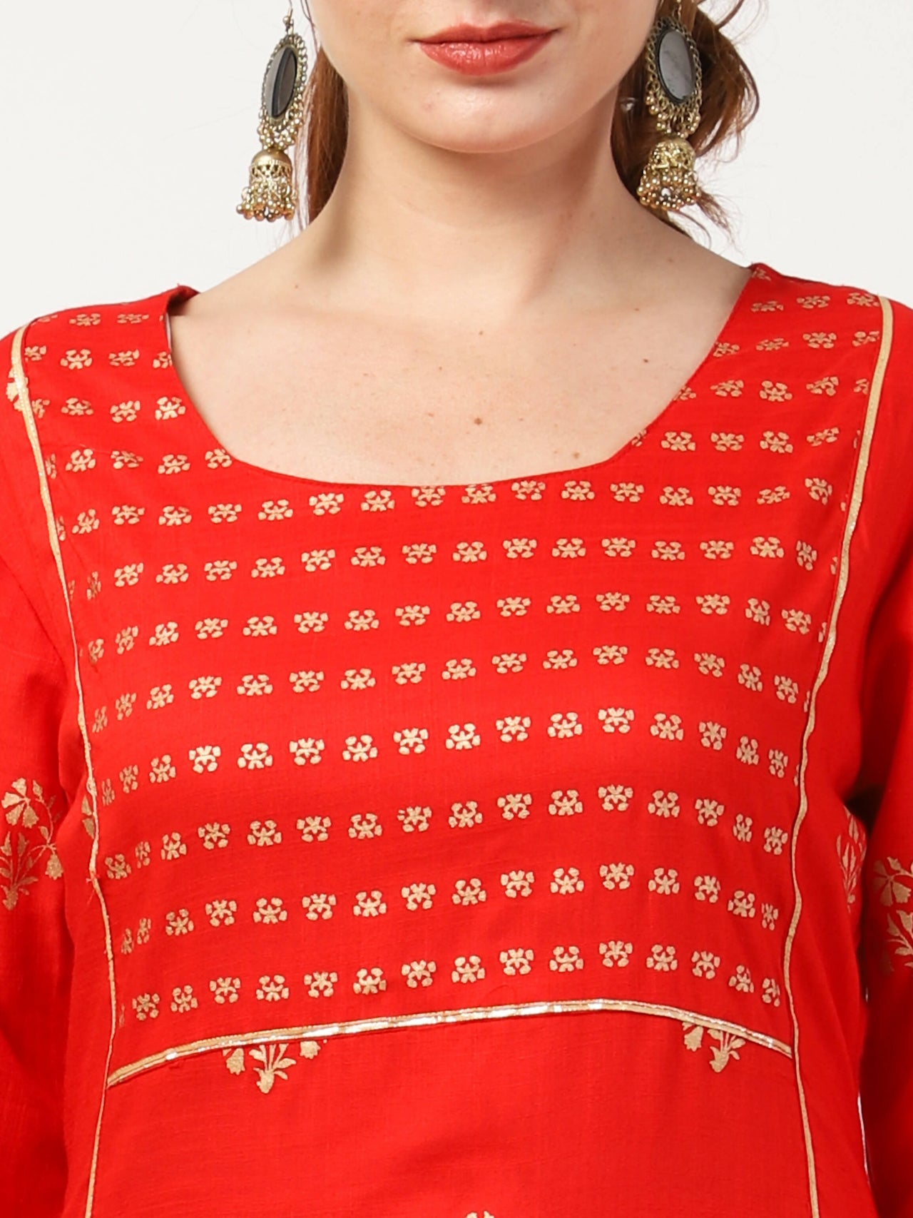 Cheera Embellished Daily Wear Cotton Blend Kurta With Palazoo - Red - Distacart