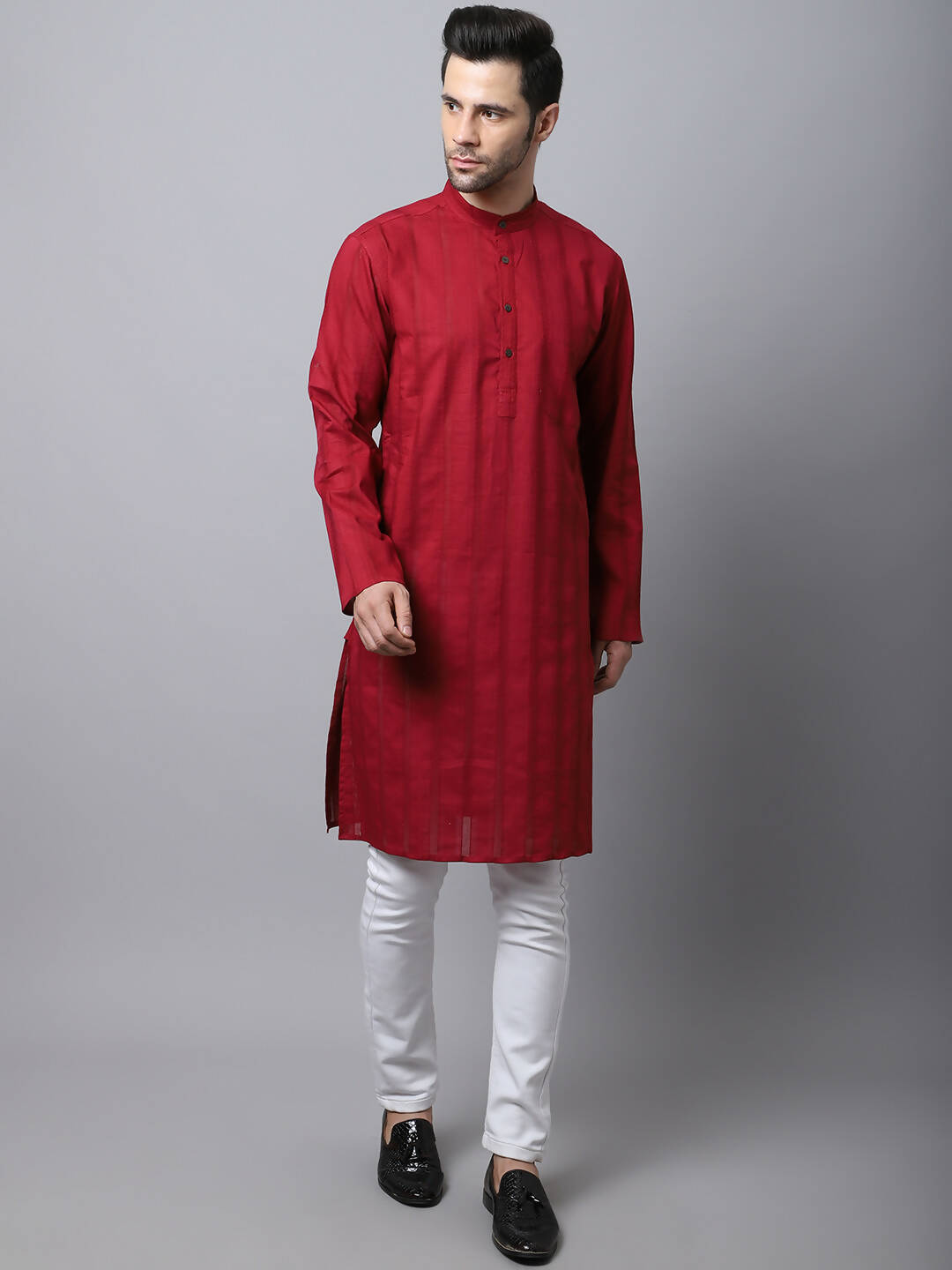 Even Apparels Maroon Pure Cotton Men's Kurta With Band Collar - Distacart